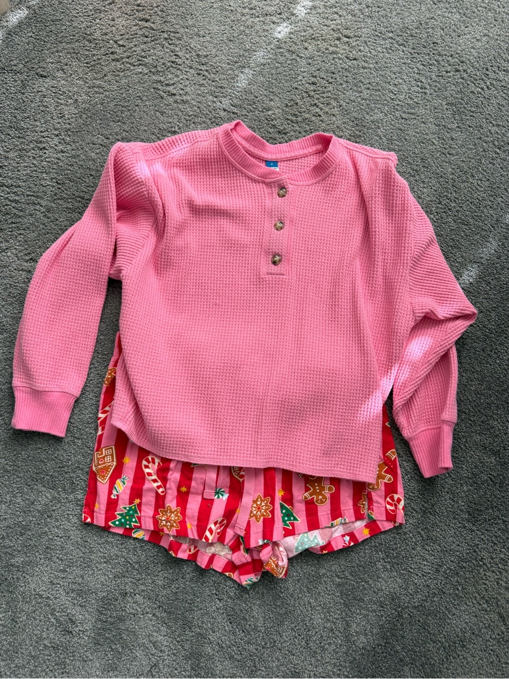 Ladies Pink Waffle-Knit Pajama Top & Holiday Shorts Set